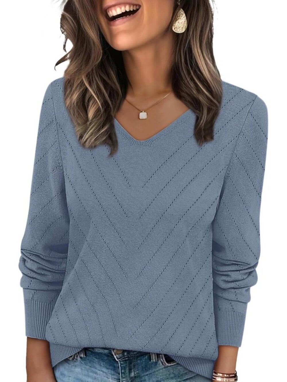 Women's Blue Grey V Neck Casual Knit Long Sleeve Lightweight Pullover Sweaters